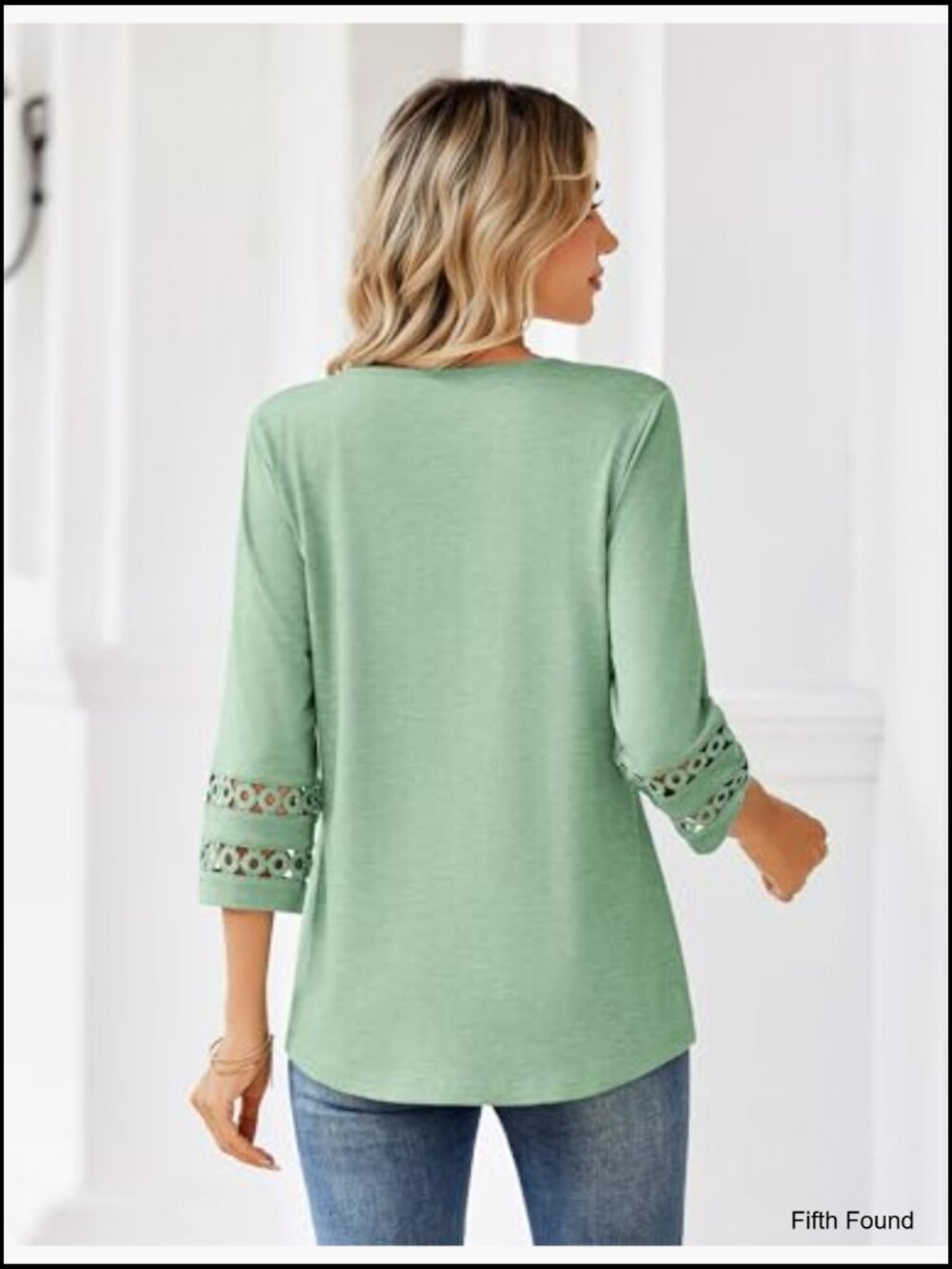 V-Neck 3/4 Sleeve Blouse with Eyelet Lace, Polyester Spandex, Work Casual Top - Picture 5 of 6